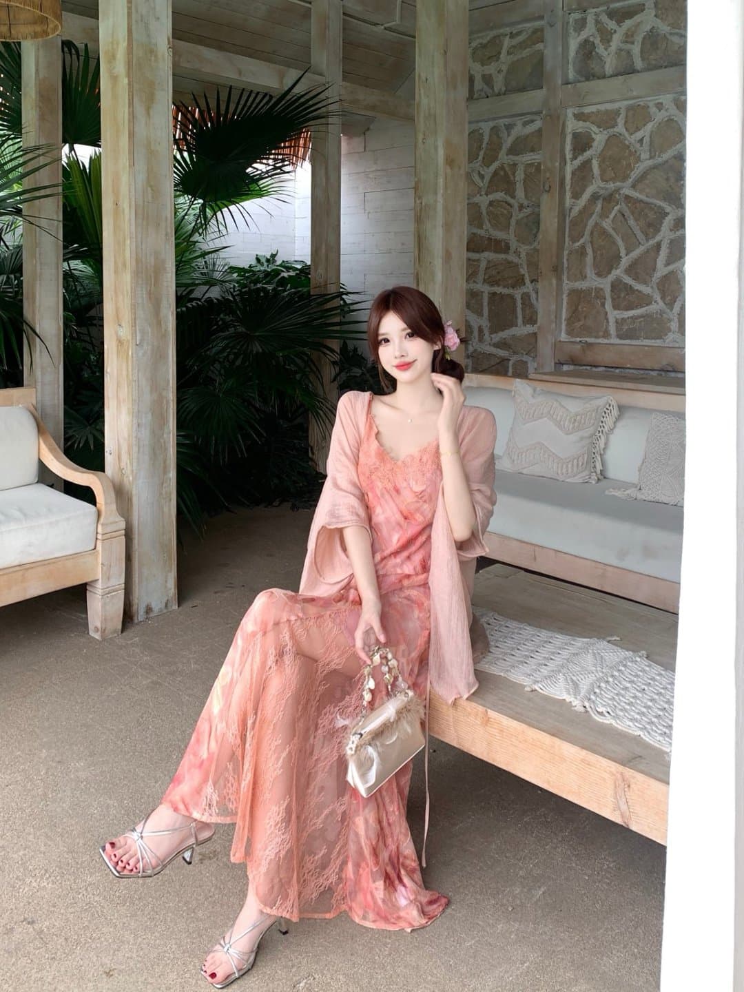 실사 빅 사이즈 무거운 작업 레이스 조각 꽃무늬 슬립 여성 드레스 여름 자외선 차단 숄 롱 스커트 투피스 세트 상세 이미지 7