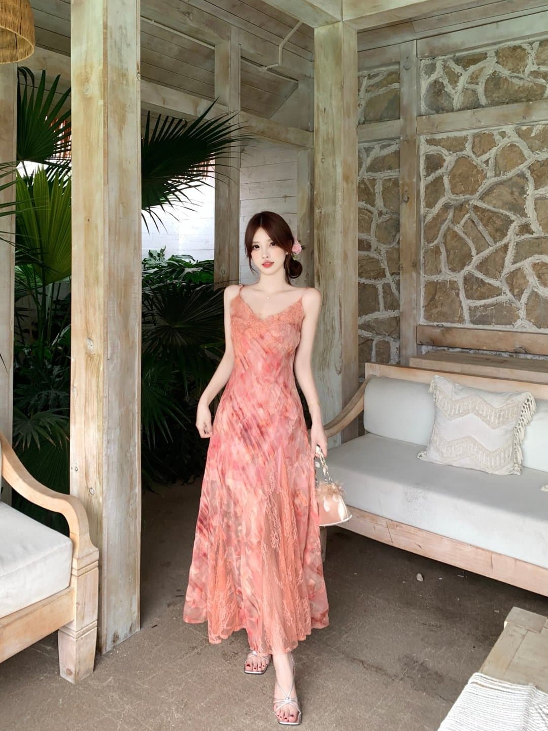 실사 빅 사이즈 무거운 작업 레이스 조각 꽃무늬 슬립 여성 드레스 여름 자외선 차단 숄 롱 스커트 투피스 세트 상세 이미지 12
