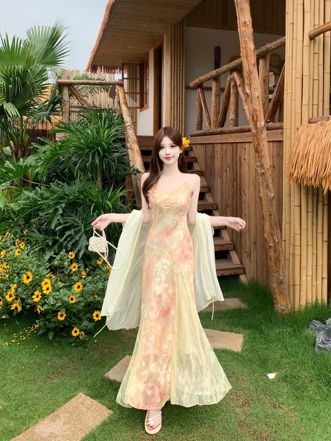 실사 빅 사이즈 무거운 작업 레이스 조각 꽃무늬 슬립 여성 드레스 여름 자외선 차단 숄 롱 스커트 투피스 세트 상세 이미지 14