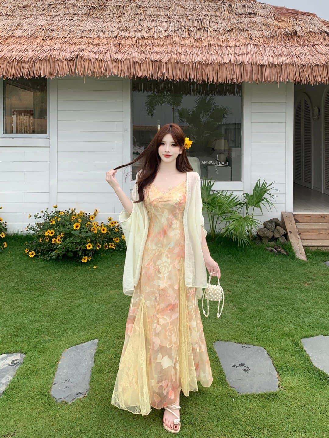 실사 빅 사이즈 무거운 작업 레이스 조각 꽃무늬 슬립 여성 드레스 여름 자외선 차단 숄 롱 스커트 투피스 세트 상세 이미지 16