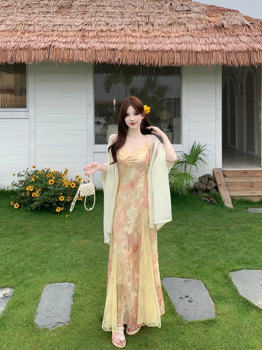 실사 빅 사이즈 무거운 작업 레이스 조각 꽃무늬 슬립 여성 드레스 여름 자외선 차단 숄 롱 스커트 투피스 세트 상세 이미지 18