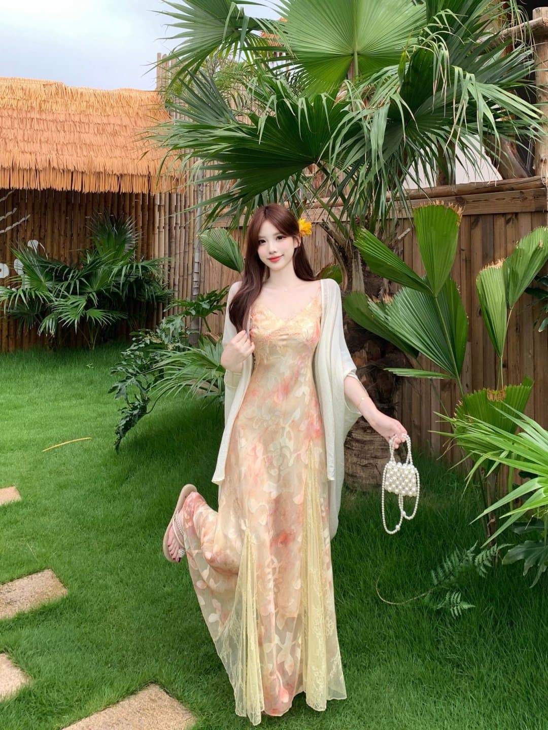 실사 빅 사이즈 무거운 작업 레이스 조각 꽃무늬 슬립 여성 드레스 여름 자외선 차단 숄 롱 스커트 투피스 세트 상세 이미지 23