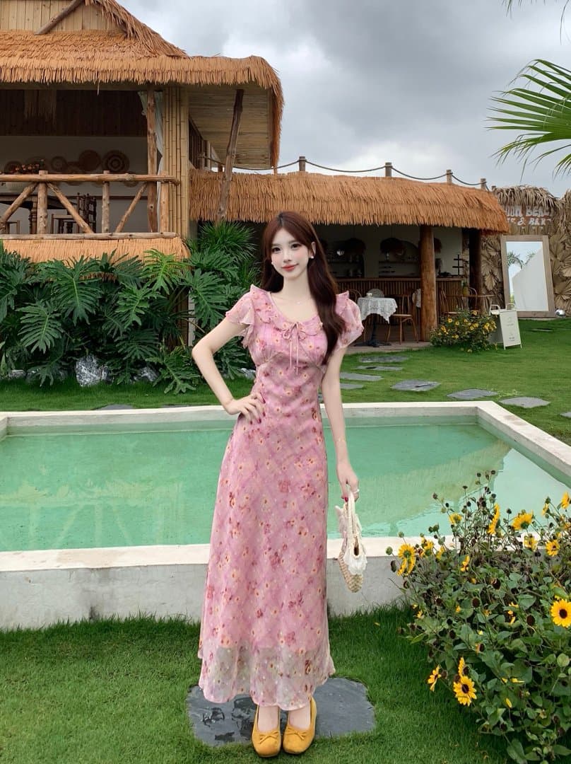 실사 빅 사이즈 프릴 나비 매듭 꽃무늬 여성 드레스 여름 센 부서 반팔 쉬폰 드레스 이미지 4