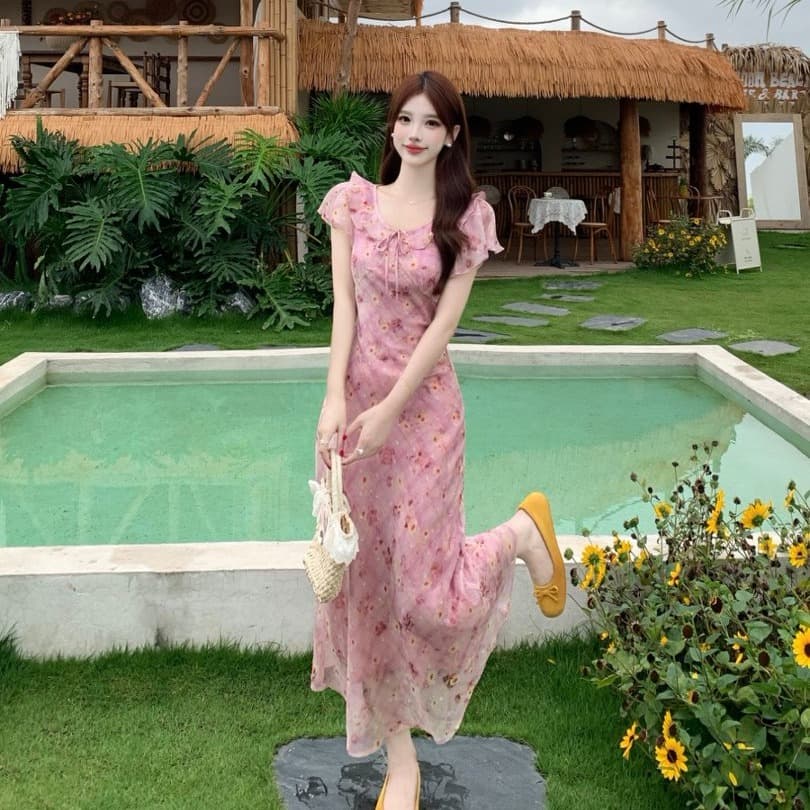 실사 빅 사이즈 프릴 나비 매듭 꽃무늬 여성 드레스 여름 센 부서 반팔 쉬폰 드레스 이미지 5