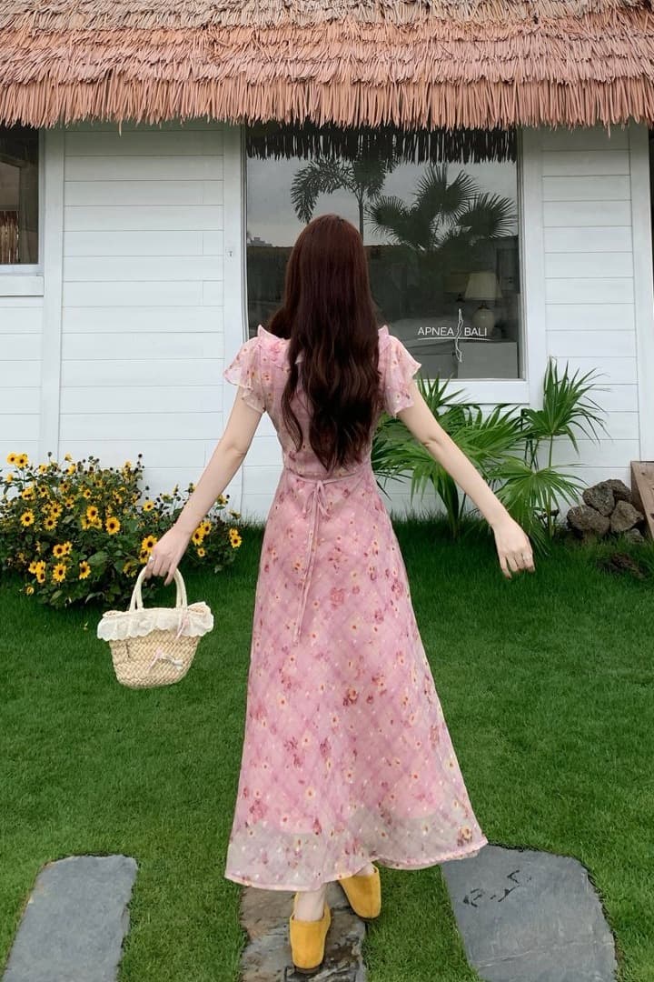 실사 빅 사이즈 프릴 나비 매듭 꽃무늬 여성 드레스 여름 센 부서 반팔 쉬폰 드레스 이미지 6