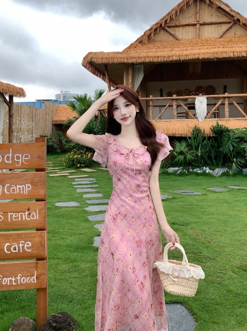 실사 빅 사이즈 프릴 나비 매듭 꽃무늬 여성 드레스 여름 센 부서 반팔 쉬폰 드레스 상세 이미지 2