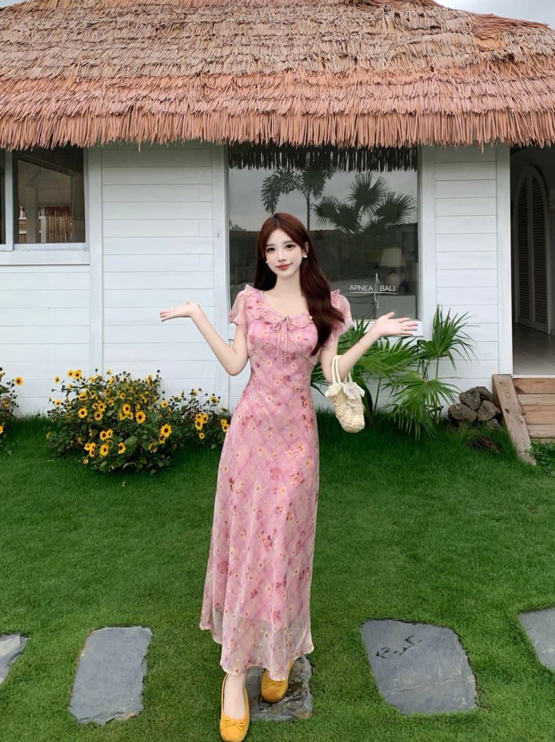 실사 빅 사이즈 프릴 나비 매듭 꽃무늬 여성 드레스 여름 센 부서 반팔 쉬폰 드레스 상세 이미지 3