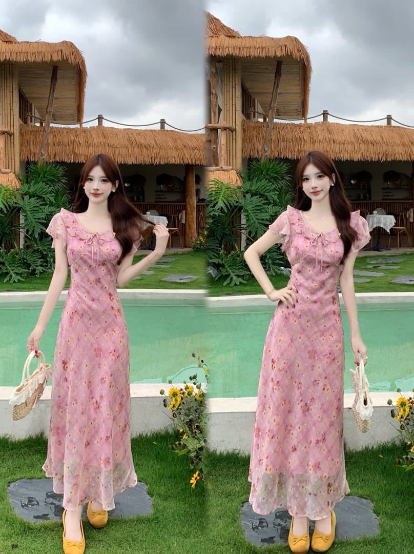 실사 빅 사이즈 프릴 나비 매듭 꽃무늬 여성 드레스 여름 센 부서 반팔 쉬폰 드레스 상세 이미지 7