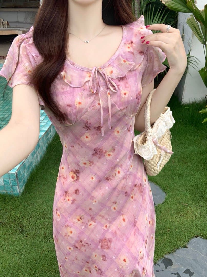 실사 빅 사이즈 프릴 나비 매듭 꽃무늬 여성 드레스 여름 센 부서 반팔 쉬폰 드레스 상세 이미지 12