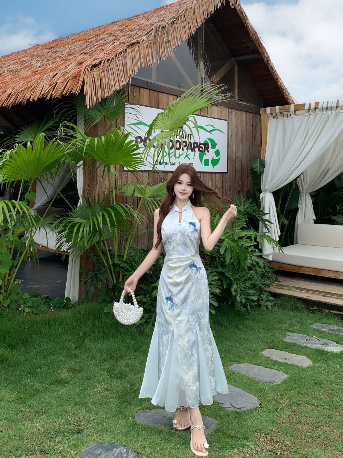 실사 빅 사이즈 비하이 수영하다 규모 감기 품격 치파오 새로운 중식 헤일로 염색 프린트 암퇘지 빛 실 개선 인어 꼬리 스커트 상세 이미지 5