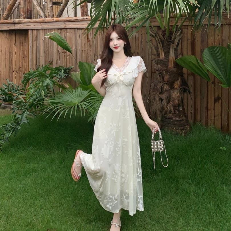 실사 빅 사이즈 프랑스식 부드러운 바람 V넥 허리 수축 슬림해 보이는 드레스 프릴 아름다운 요정 롱 스커트 2026 여름 이미지 5