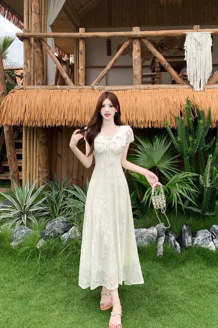 실사 빅 사이즈 프랑스식 부드러운 바람 V넥 허리 수축 슬림해 보이는 드레스 프릴 아름다운 요정 롱 스커트 2026 여름 이미지 6
