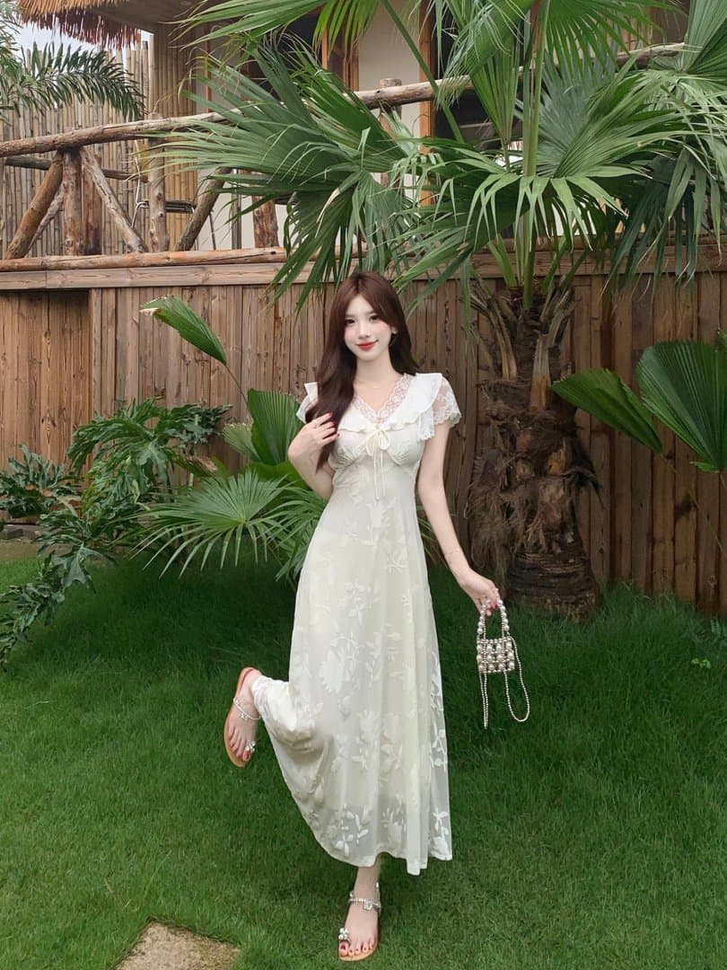 실사 빅 사이즈 프랑스식 부드러운 바람 V넥 허리 수축 슬림해 보이는 드레스 프릴 아름다운 요정 롱 스커트 2026 여름 상세 이미지 9
