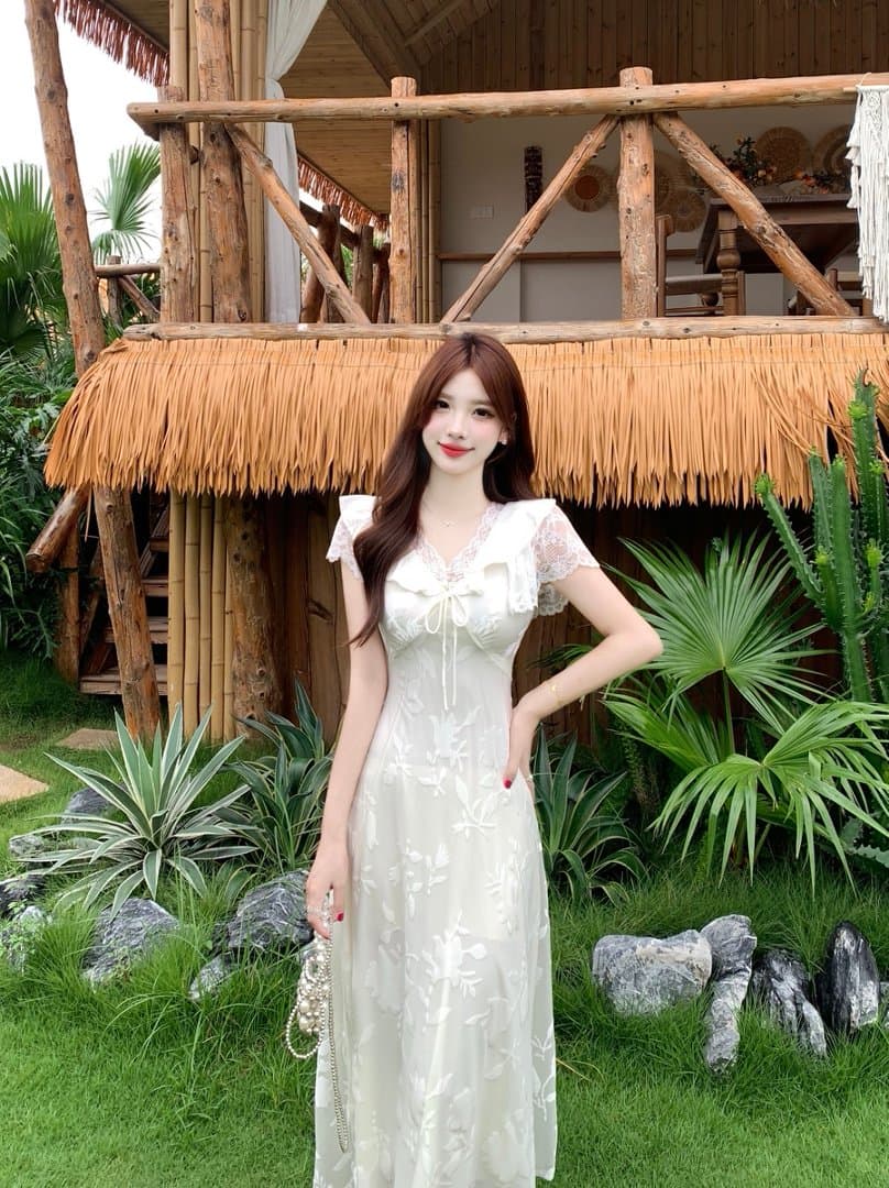 실사 빅 사이즈 프랑스식 부드러운 바람 V넥 허리 수축 슬림해 보이는 드레스 프릴 아름다운 요정 롱 스커트 2026 여름 상세 이미지 12