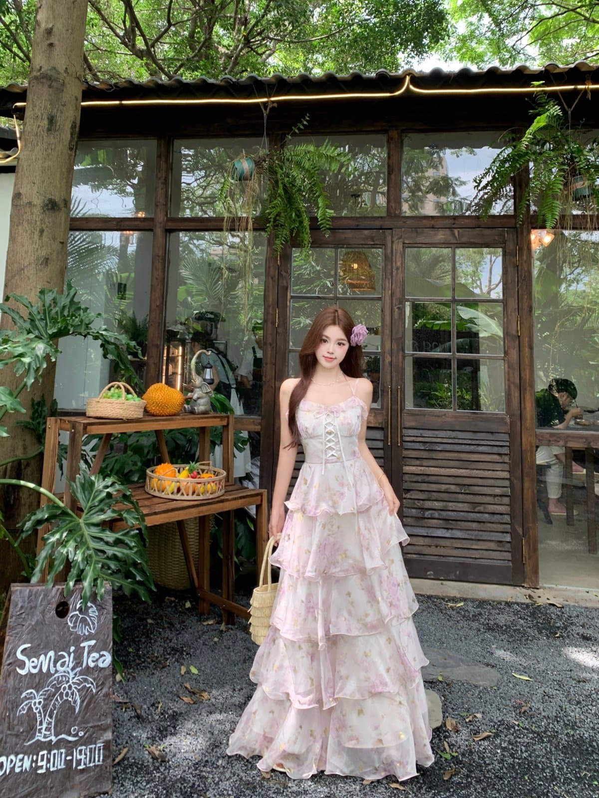실사 빅 사이즈 수달 얕은 꿈 여름 새로운 프랑스식 꽃무늬 슬립 드레스 프린트 스트랩 허리 수축 다중 레이어 롱 스커트 이미지 2