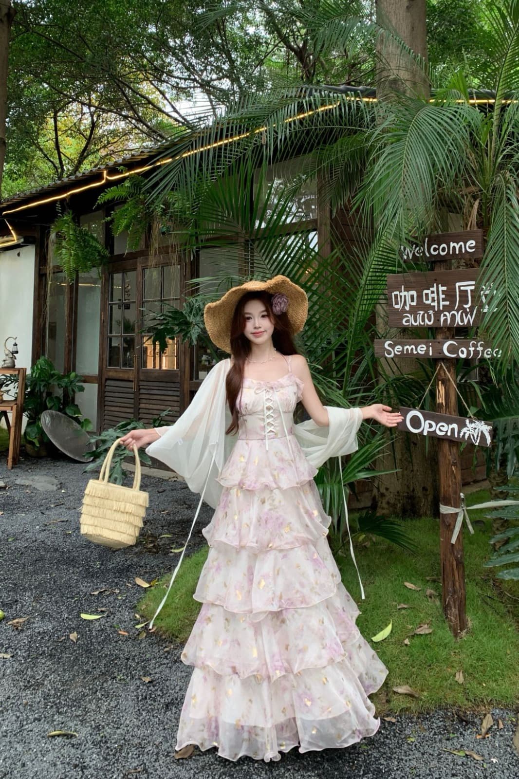 실사 빅 사이즈 수달 얕은 꿈 여름 새로운 프랑스식 꽃무늬 슬립 드레스 프린트 스트랩 허리 수축 다중 레이어 롱 스커트 이미지 6