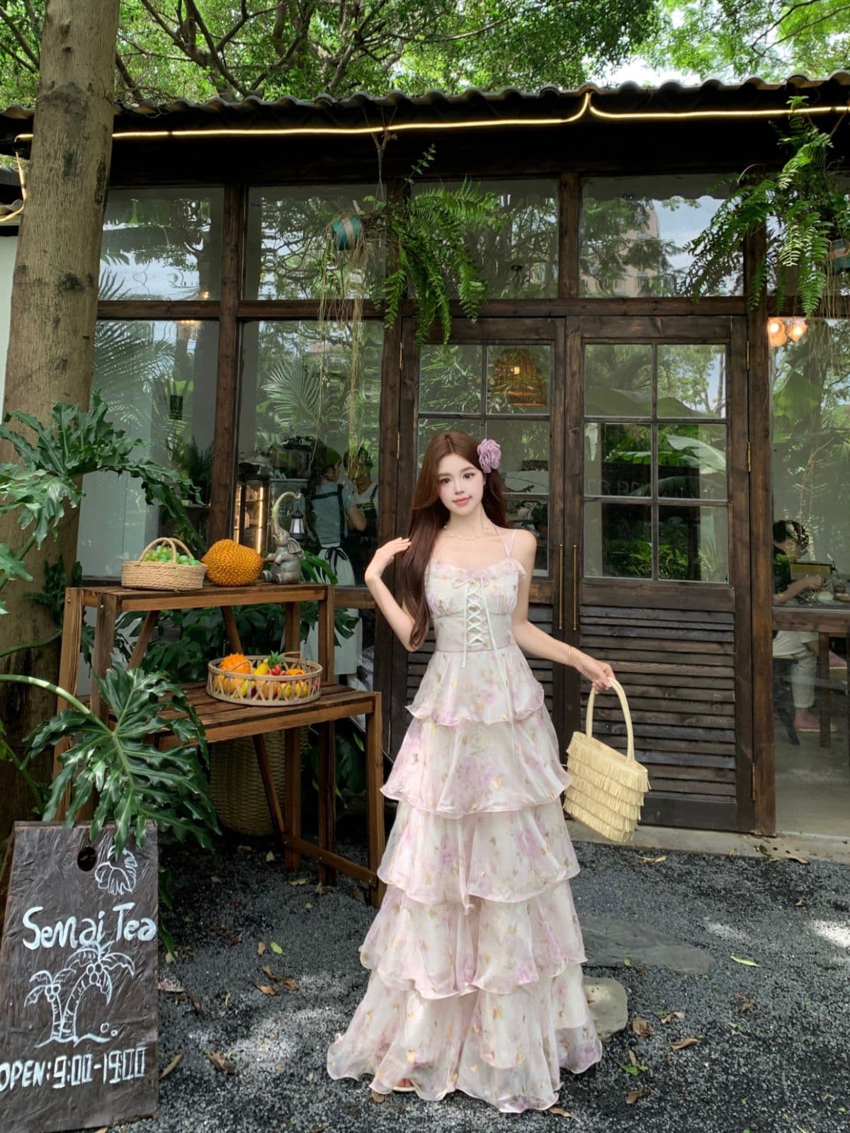 실사 빅 사이즈 수달 얕은 꿈 여름 새로운 프랑스식 꽃무늬 슬립 드레스 프린트 스트랩 허리 수축 다중 레이어 롱 스커트 상세 이미지 6