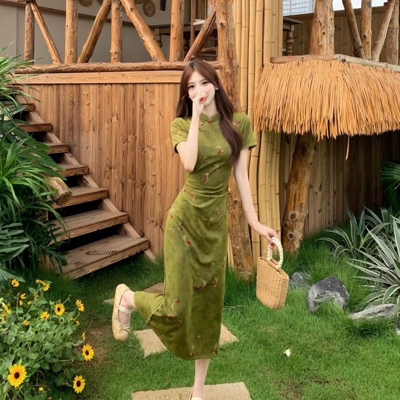 실사 빅 사이즈 녹색 새로운 중식 중국풍 개선 치파오 드레스 2026 여름 섹션 새로운 품격 슬림해 보이는 드레스 이미지 5