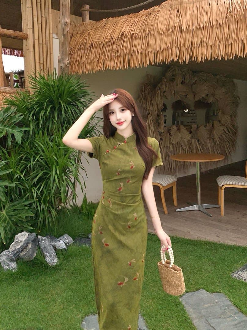 실사 빅 사이즈 녹색 새로운 중식 중국풍 개선 치파오 드레스 2026 여름 섹션 새로운 품격 슬림해 보이는 드레스 상세 이미지 3