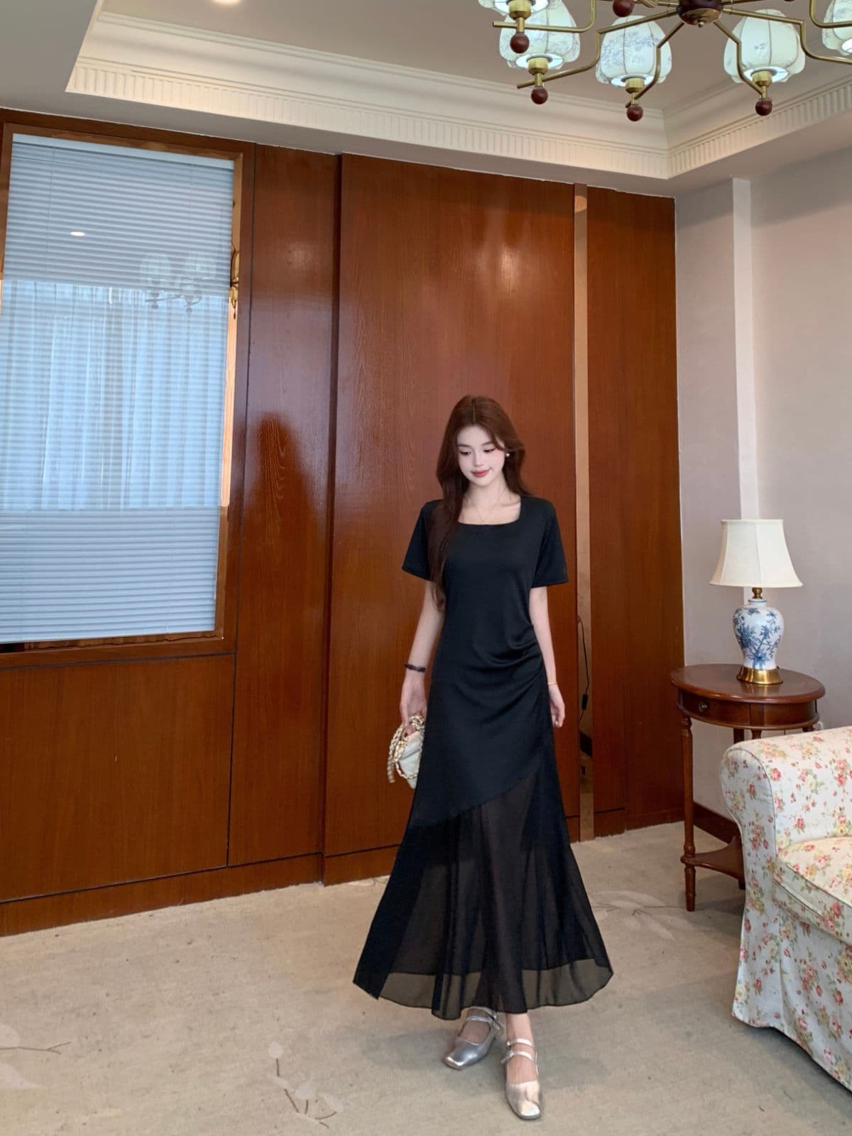 실사 빅 사이즈 2026 새로운 한국 스타일 품격 광장 칼라 작은 검은 색 치마 몸매 가꾸기 슬림해 보이는 망사 패치워크 여성 드레스 이미지 3