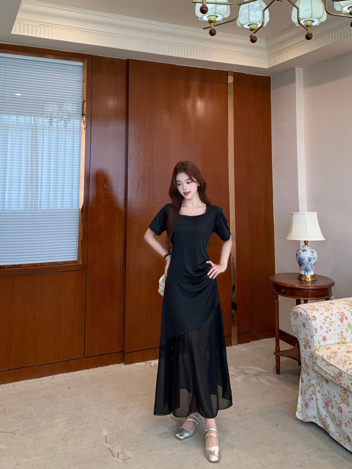 실사 빅 사이즈 2026 새로운 한국 스타일 품격 광장 칼라 작은 검은 색 치마 몸매 가꾸기 슬림해 보이는 망사 패치워크 여성 드레스 상세 이미지 10