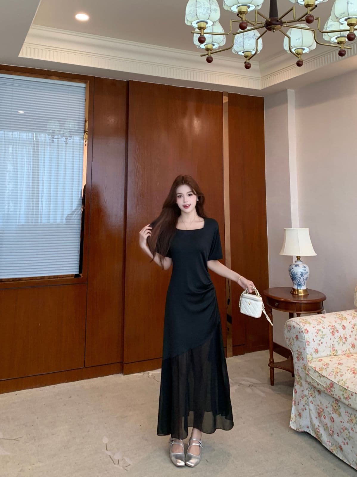 실사 빅 사이즈 2026 새로운 한국 스타일 품격 광장 칼라 작은 검은 색 치마 몸매 가꾸기 슬림해 보이는 망사 패치워크 여성 드레스 상세 이미지 12
