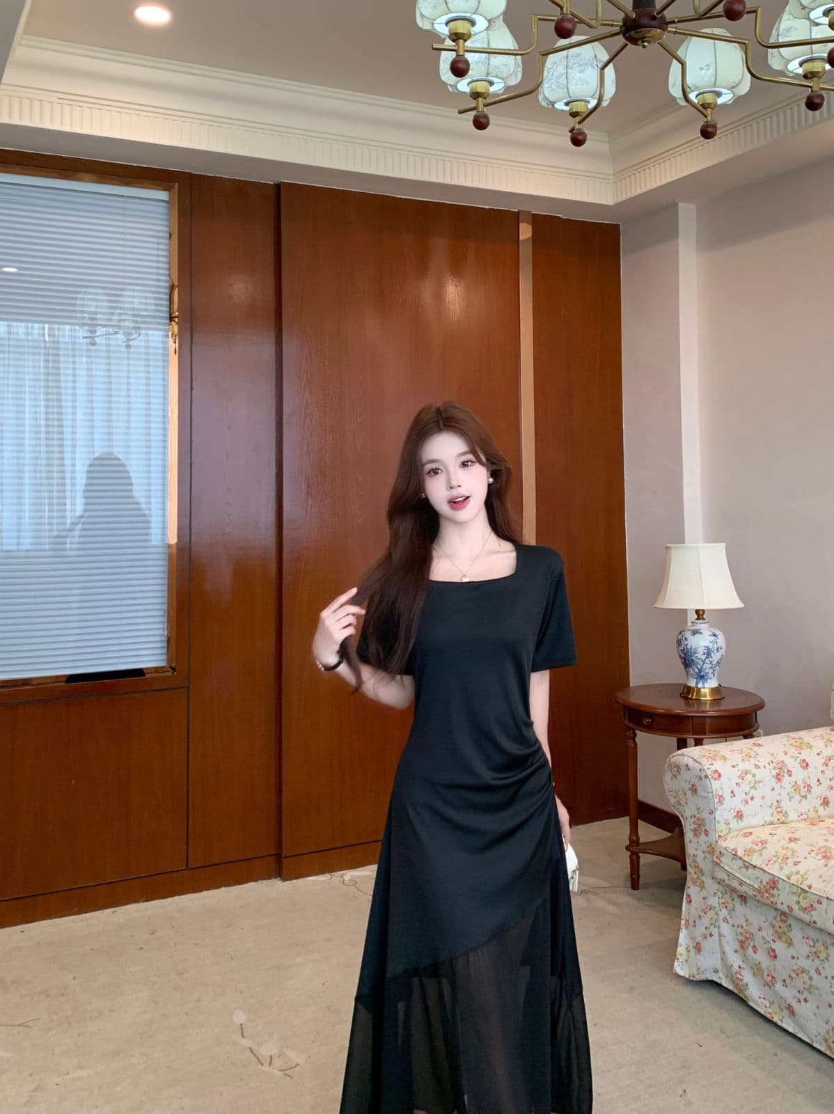 실사 빅 사이즈 2026 새로운 한국 스타일 품격 광장 칼라 작은 검은 색 치마 몸매 가꾸기 슬림해 보이는 망사 패치워크 여성 드레스 상세 이미지 14