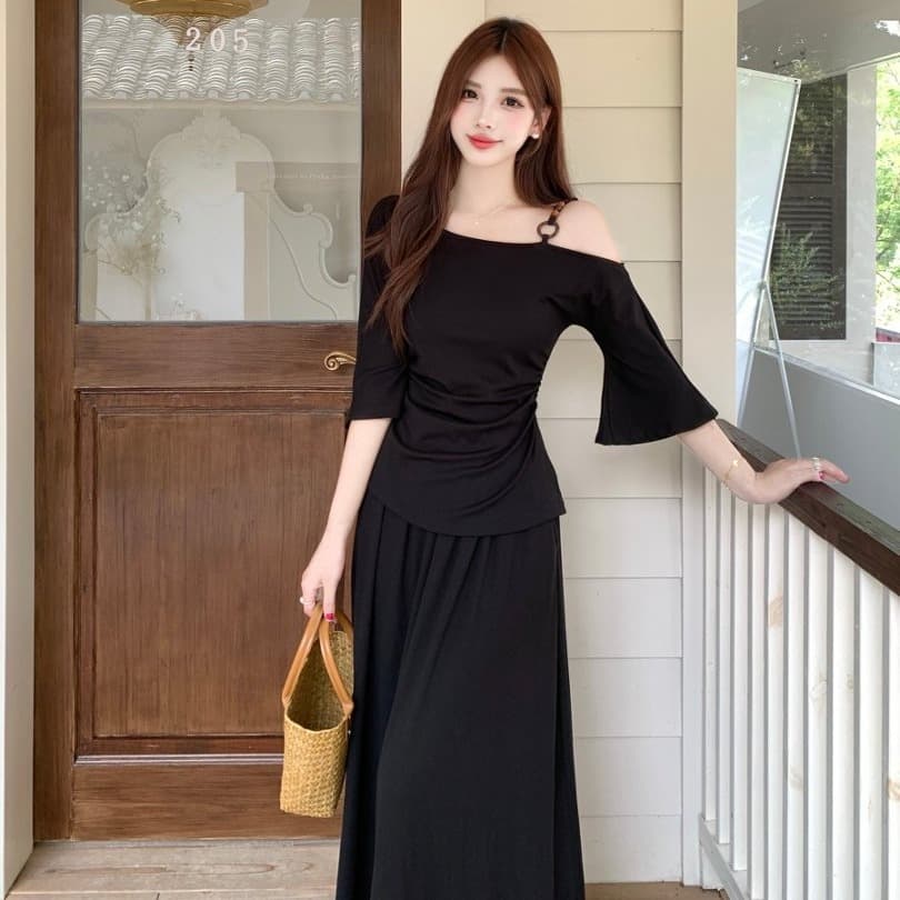 실사 지방 mm 여름 패션 비스듬한 칼라 오프숄더 슬립 반팔 티셔츠 여성 슬림해 보이는 표지 고기 맨위 반신 치마 세트 이미지 5
