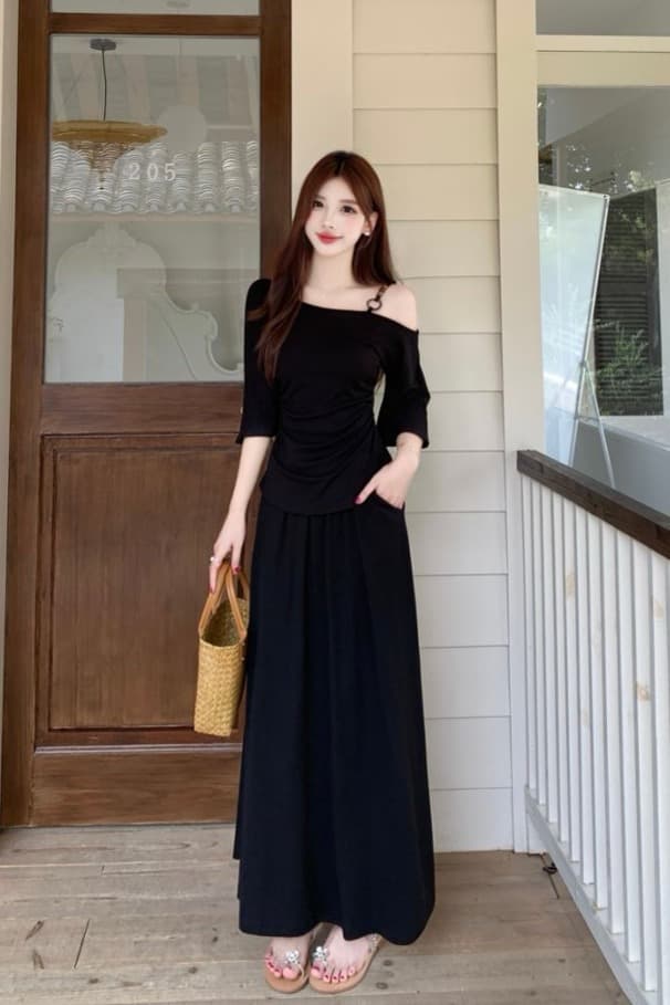 실사 지방 mm 여름 패션 비스듬한 칼라 오프숄더 슬립 반팔 티셔츠 여성 슬림해 보이는 표지 고기 맨위 반신 치마 세트 이미지 6