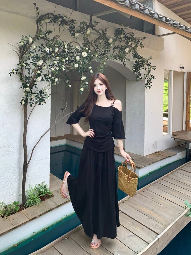 실사 지방 mm 여름 패션 비스듬한 칼라 오프숄더 슬립 반팔 티셔츠 여성 슬림해 보이는 표지 고기 맨위 반신 치마 세트 상세 이미지 2