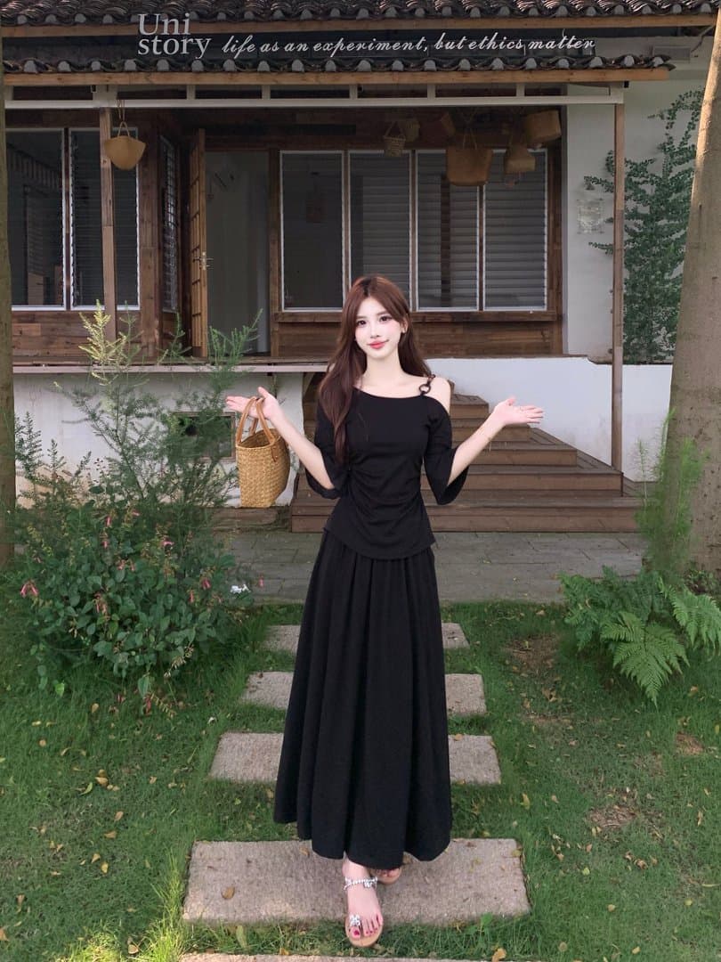 실사 지방 mm 여름 패션 비스듬한 칼라 오프숄더 슬립 반팔 티셔츠 여성 슬림해 보이는 표지 고기 맨위 반신 치마 세트 상세 이미지 5