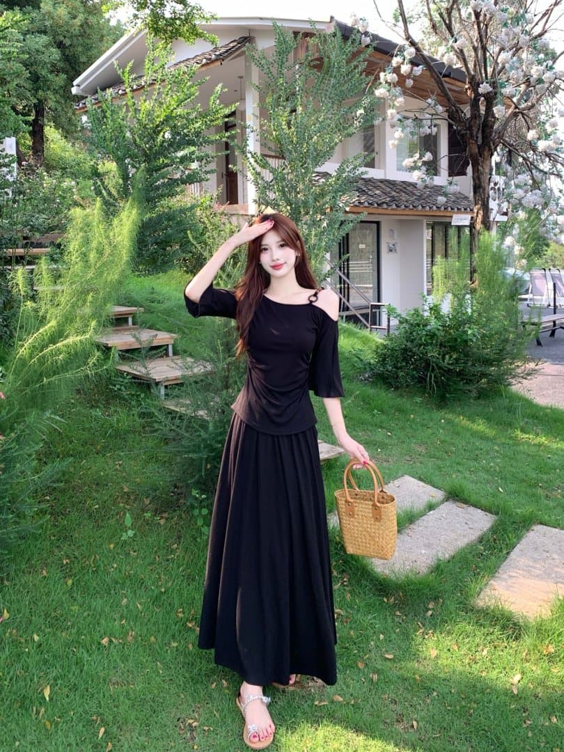 실사 지방 mm 여름 패션 비스듬한 칼라 오프숄더 슬립 반팔 티셔츠 여성 슬림해 보이는 표지 고기 맨위 반신 치마 세트 상세 이미지 6