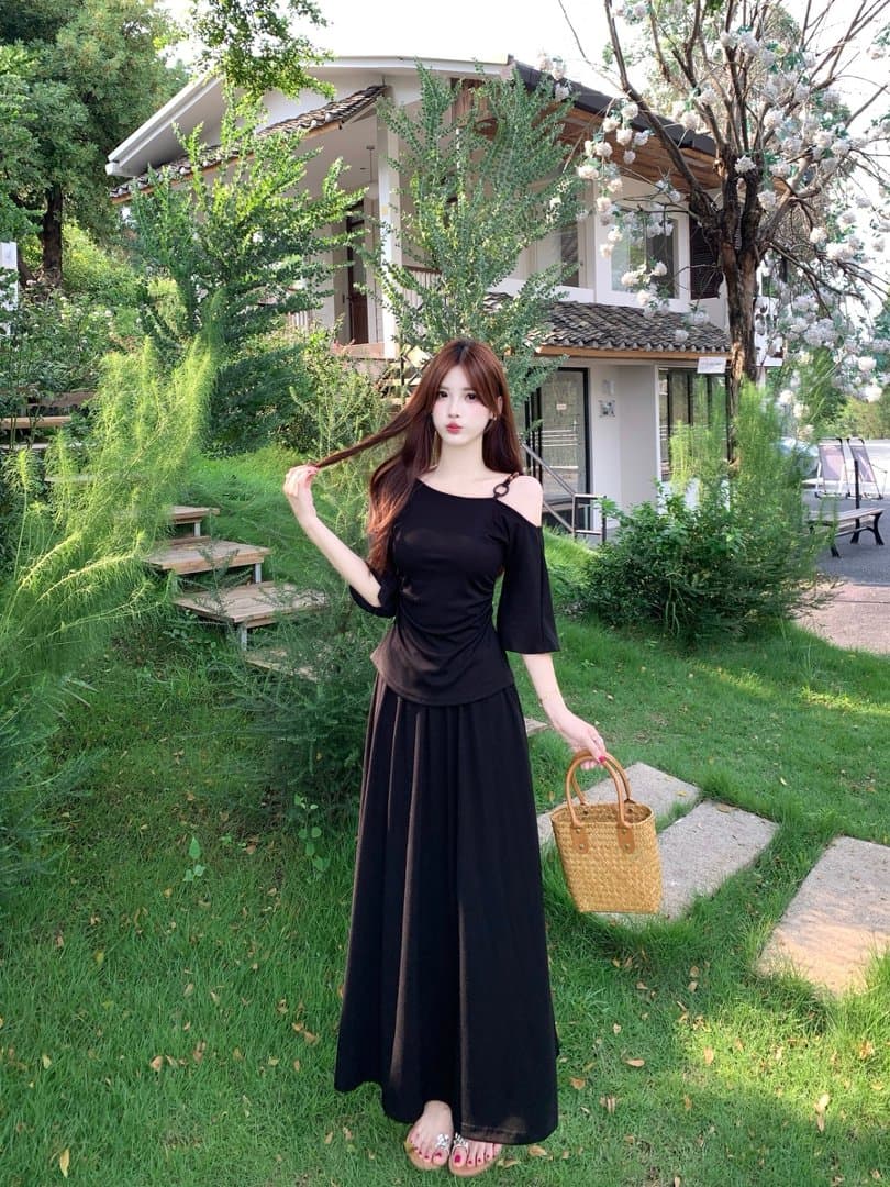 실사 지방 mm 여름 패션 비스듬한 칼라 오프숄더 슬립 반팔 티셔츠 여성 슬림해 보이는 표지 고기 맨위 반신 치마 세트 상세 이미지 7