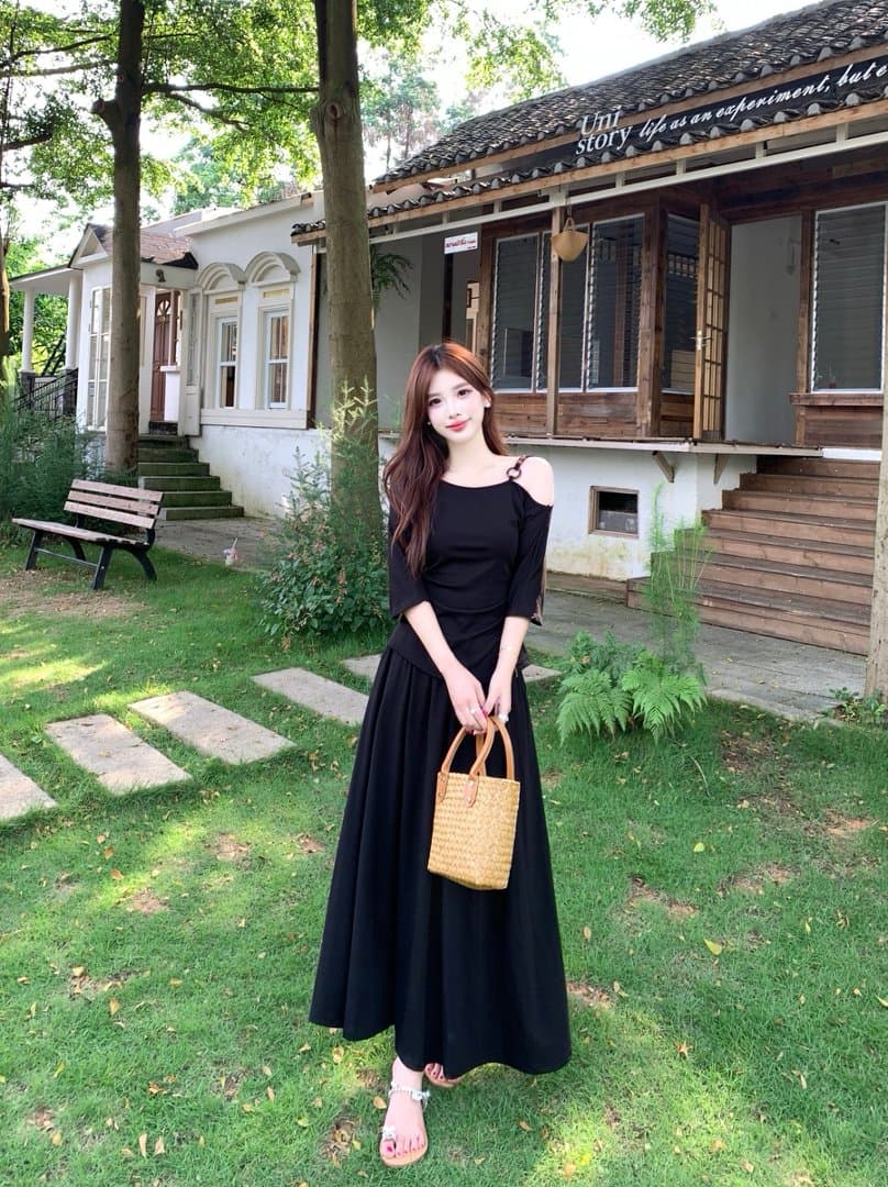 실사 지방 mm 여름 패션 비스듬한 칼라 오프숄더 슬립 반팔 티셔츠 여성 슬림해 보이는 표지 고기 맨위 반신 치마 세트 상세 이미지 8