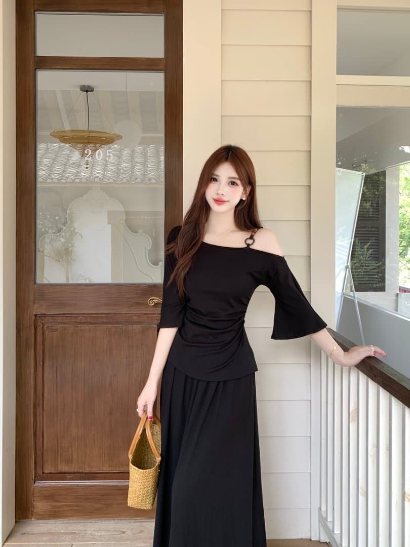실사 지방 mm 여름 패션 비스듬한 칼라 오프숄더 슬립 반팔 티셔츠 여성 슬림해 보이는 표지 고기 맨위 반신 치마 세트 상세 이미지 9