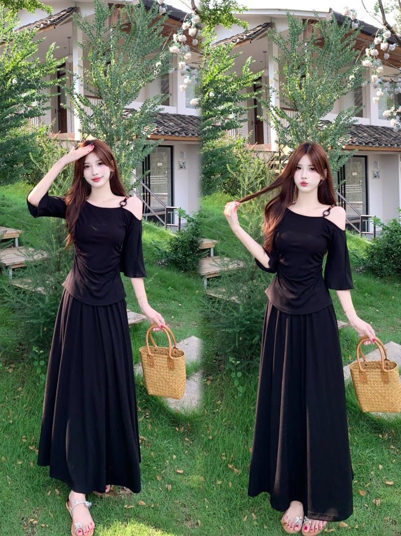 실사 지방 mm 여름 패션 비스듬한 칼라 오프숄더 슬립 반팔 티셔츠 여성 슬림해 보이는 표지 고기 맨위 반신 치마 세트 상세 이미지 14