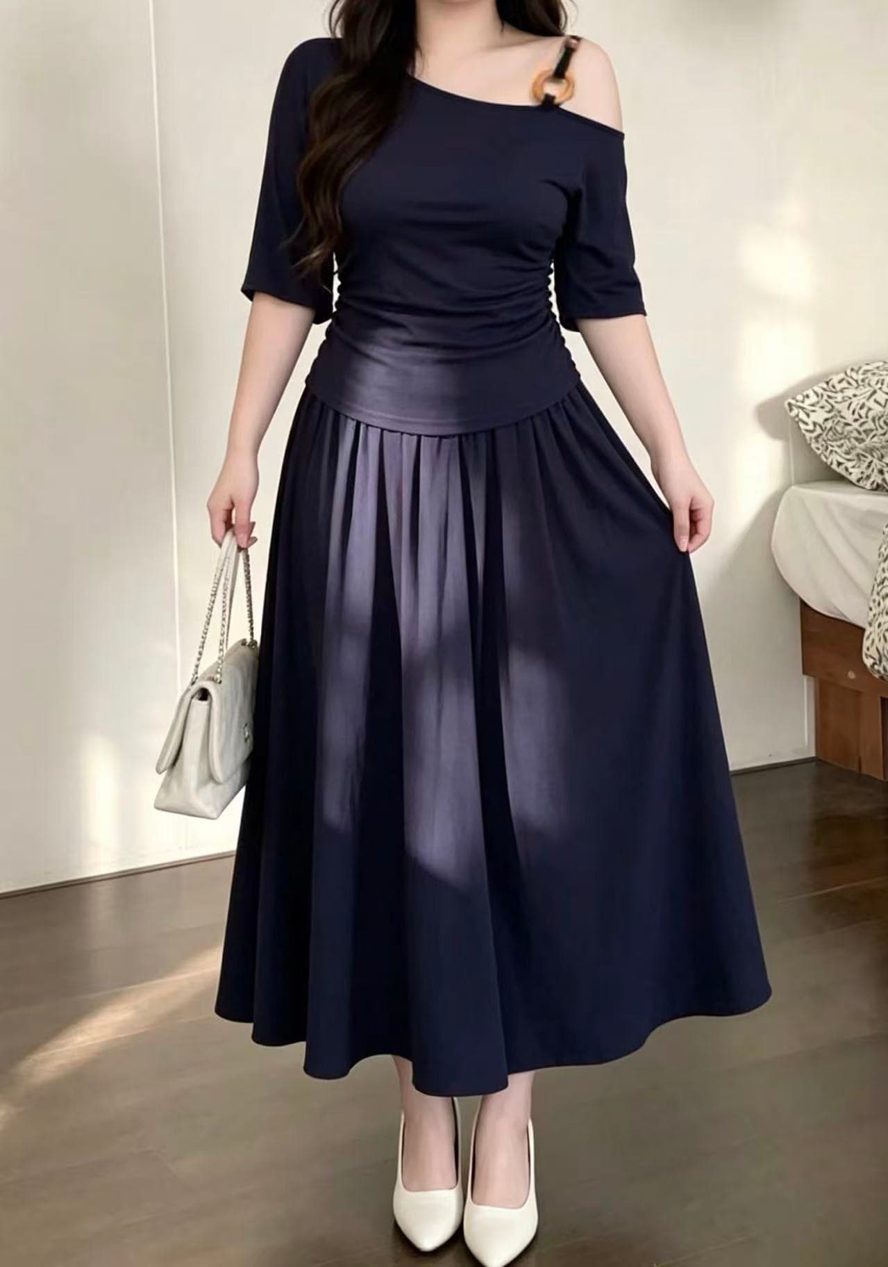실사 지방 mm 여름 패션 비스듬한 칼라 오프숄더 슬립 반팔 티셔츠 여성 슬림해 보이는 표지 고기 맨위 반신 치마 세트 이미지 3