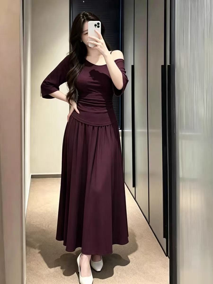 실사 지방 mm 여름 패션 비스듬한 칼라 오프숄더 슬립 반팔 티셔츠 여성 슬림해 보이는 표지 고기 맨위 반신 치마 세트 상세 이미지 3