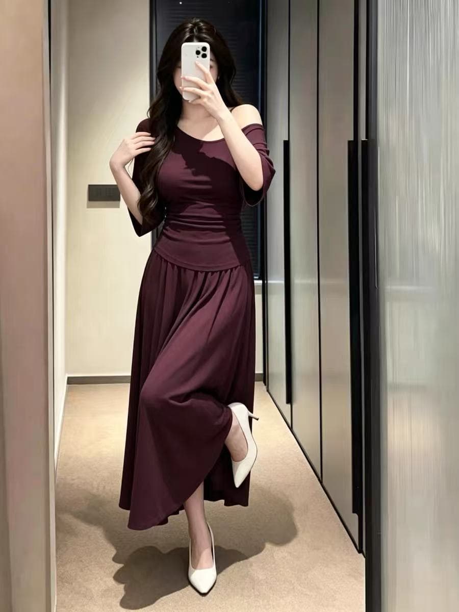 실사 지방 mm 여름 패션 비스듬한 칼라 오프숄더 슬립 반팔 티셔츠 여성 슬림해 보이는 표지 고기 맨위 반신 치마 세트 상세 이미지 4