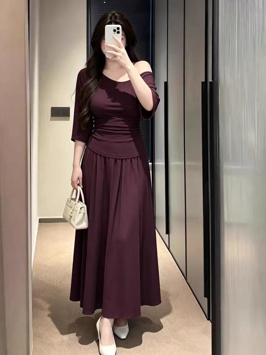 실사 지방 mm 여름 패션 비스듬한 칼라 오프숄더 슬립 반팔 티셔츠 여성 슬림해 보이는 표지 고기 맨위 반신 치마 세트 상세 이미지 5