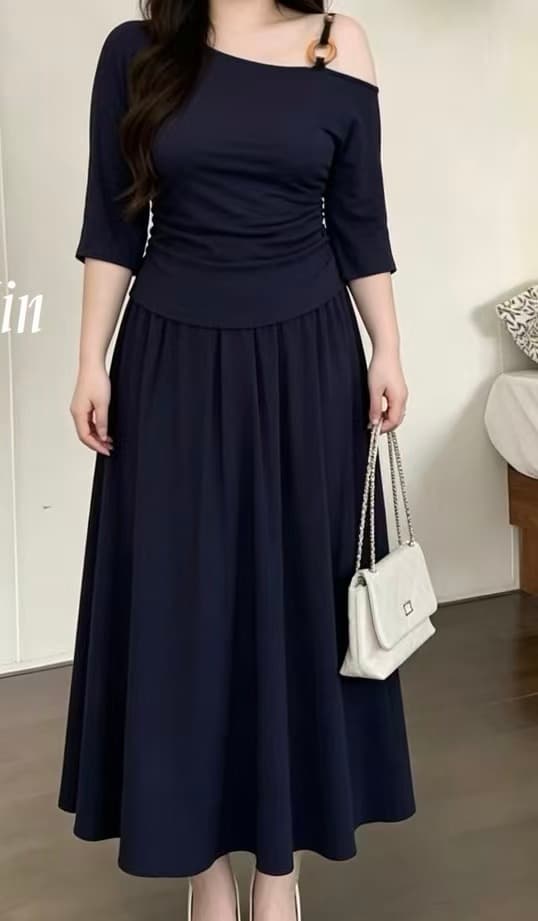 실사 지방 mm 여름 패션 비스듬한 칼라 오프숄더 슬립 반팔 티셔츠 여성 슬림해 보이는 표지 고기 맨위 반신 치마 세트 상세 이미지 6