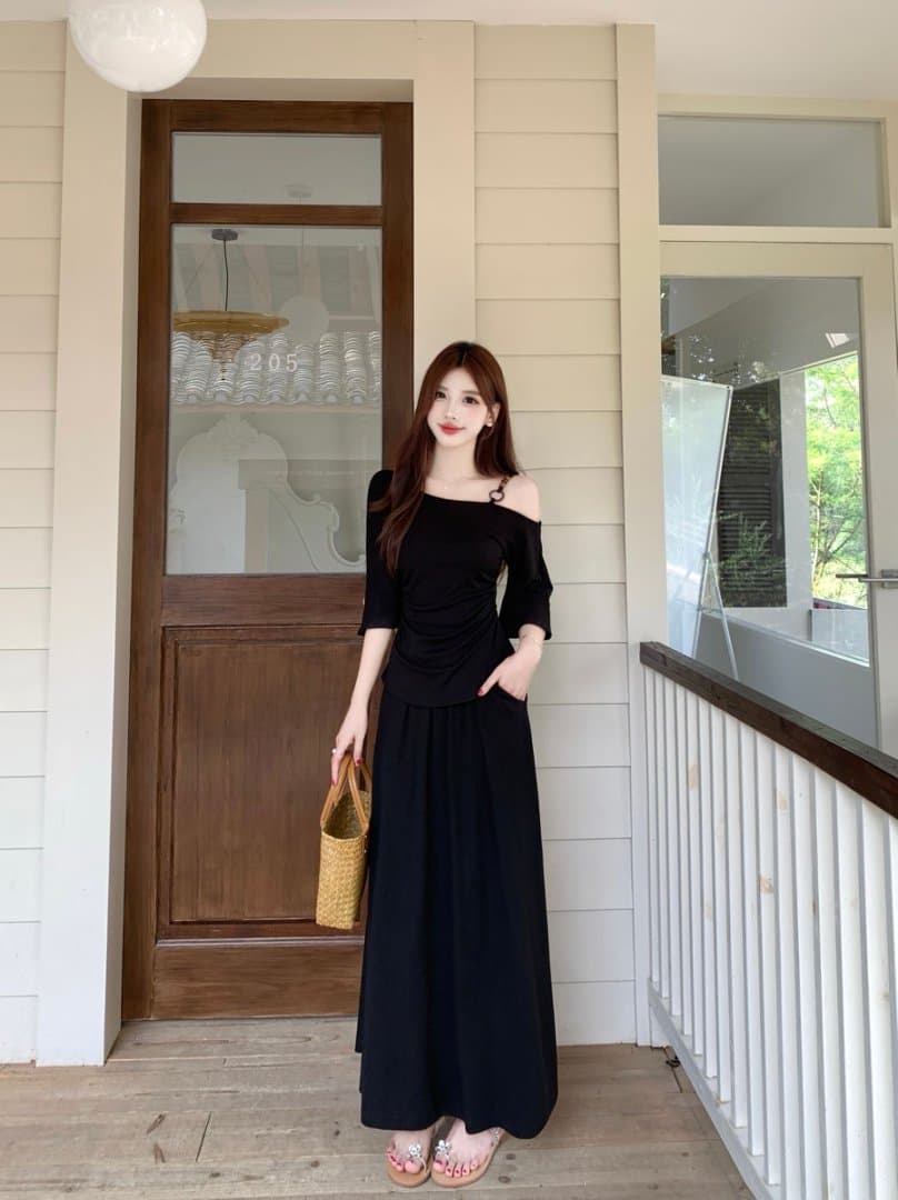 실사 지방 mm 여름 패션 비스듬한 칼라 오프숄더 슬립 반팔 티셔츠 여성 슬림해 보이는 표지 고기 맨위 반신 치마 세트 상세 이미지 9