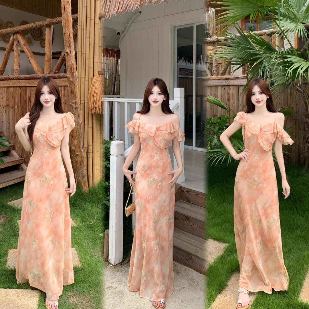 실사 빅 사이즈 분말 주황색 바다 안개 프랑스식 부드러운 품격 낭만주의 프릴 몸매 가꾸기 슬립 드레스 롱 스커트