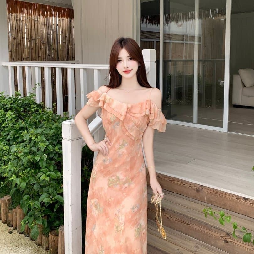 실사 빅 사이즈 분말 주황색 바다 안개 프랑스식 부드러운 품격 낭만주의 프릴 몸매 가꾸기 슬립 드레스 롱 스커트 이미지 5