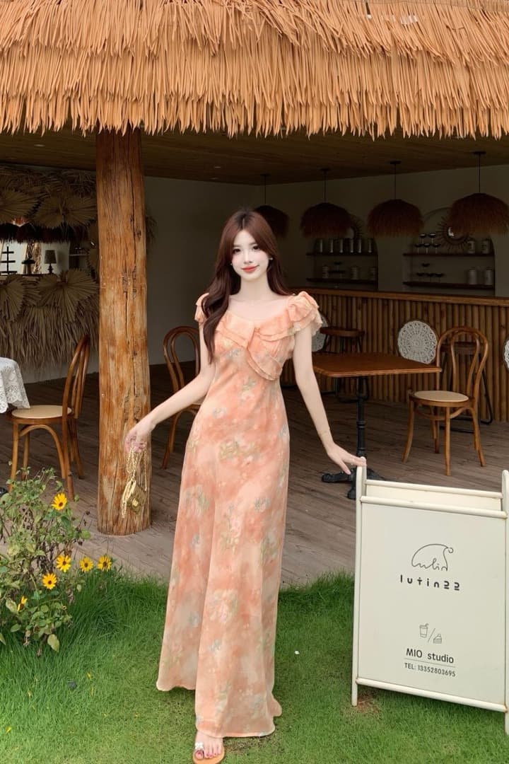 실사 빅 사이즈 분말 주황색 바다 안개 프랑스식 부드러운 품격 낭만주의 프릴 몸매 가꾸기 슬립 드레스 롱 스커트 이미지 6