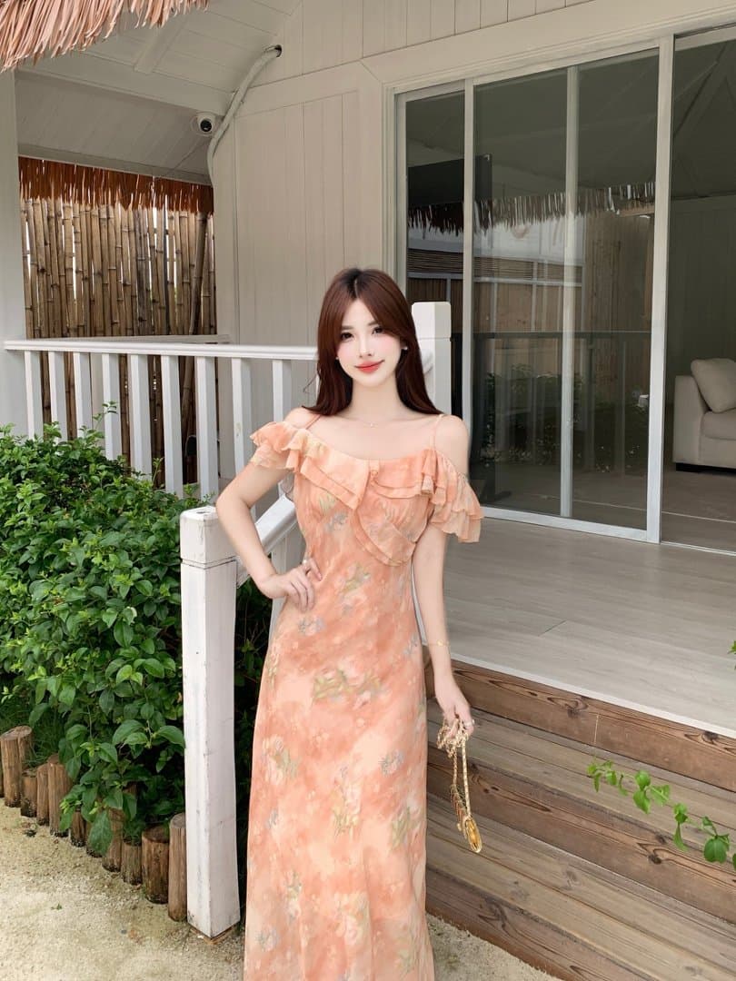 실사 빅 사이즈 분말 주황색 바다 안개 프랑스식 부드러운 품격 낭만주의 프릴 몸매 가꾸기 슬립 드레스 롱 스커트 상세 이미지 9