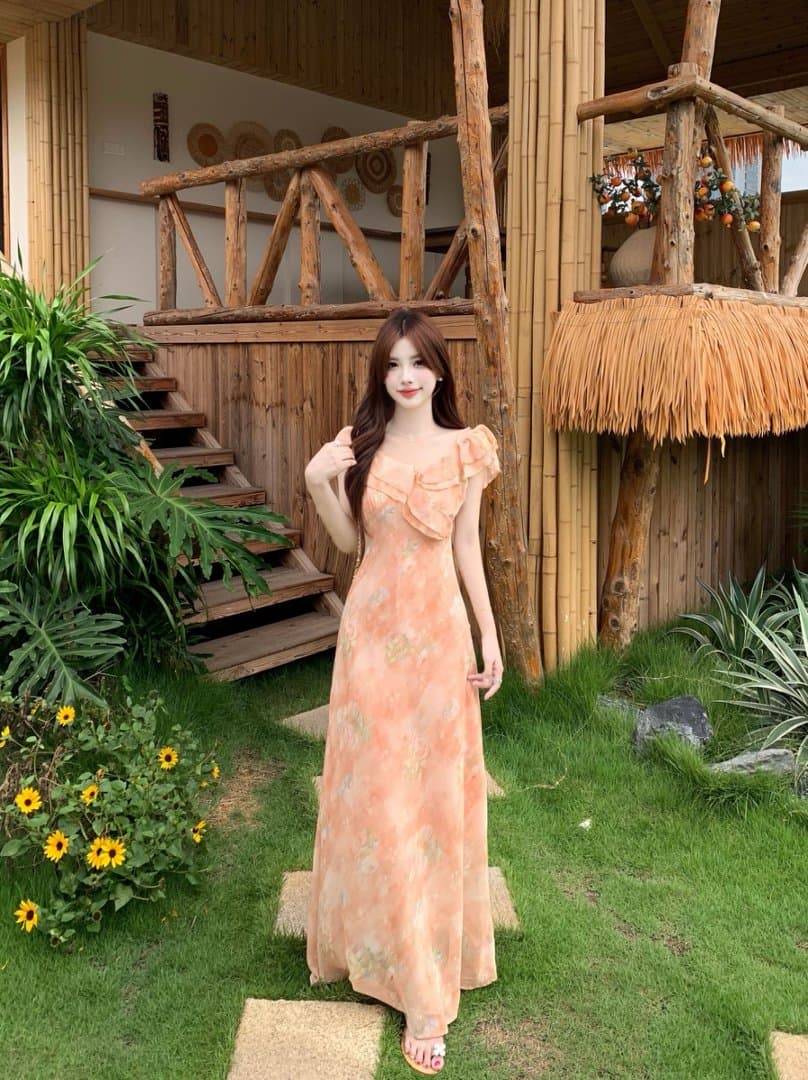 실사 빅 사이즈 분말 주황색 바다 안개 프랑스식 부드러운 품격 낭만주의 프릴 몸매 가꾸기 슬립 드레스 롱 스커트 상세 이미지 11