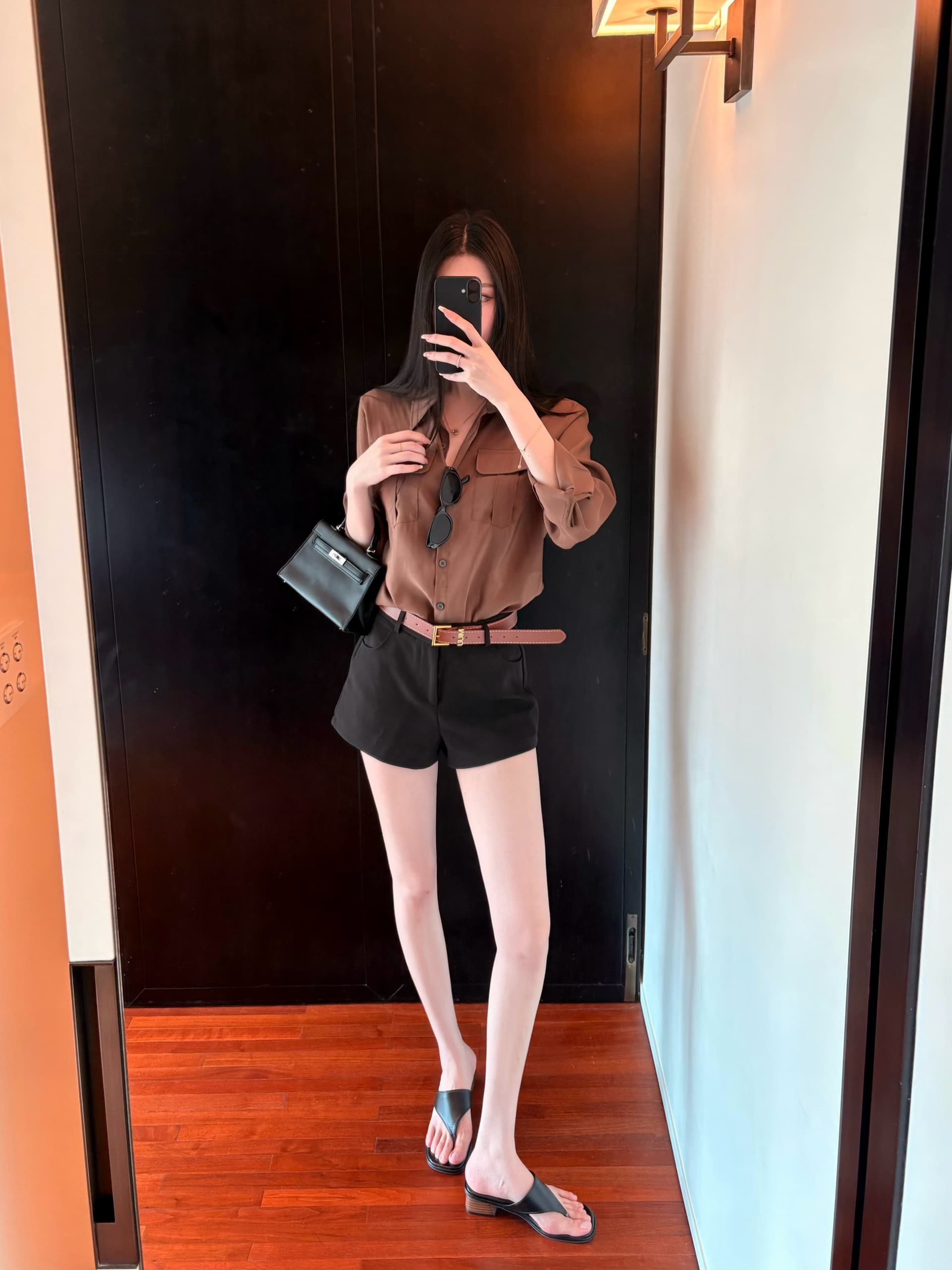실사 정가 품격 커피 색상 POLO 칼라 셔츠 캐주얼 바지 타이트 스커트 반바지 투피스 세트 상세 이미지 12