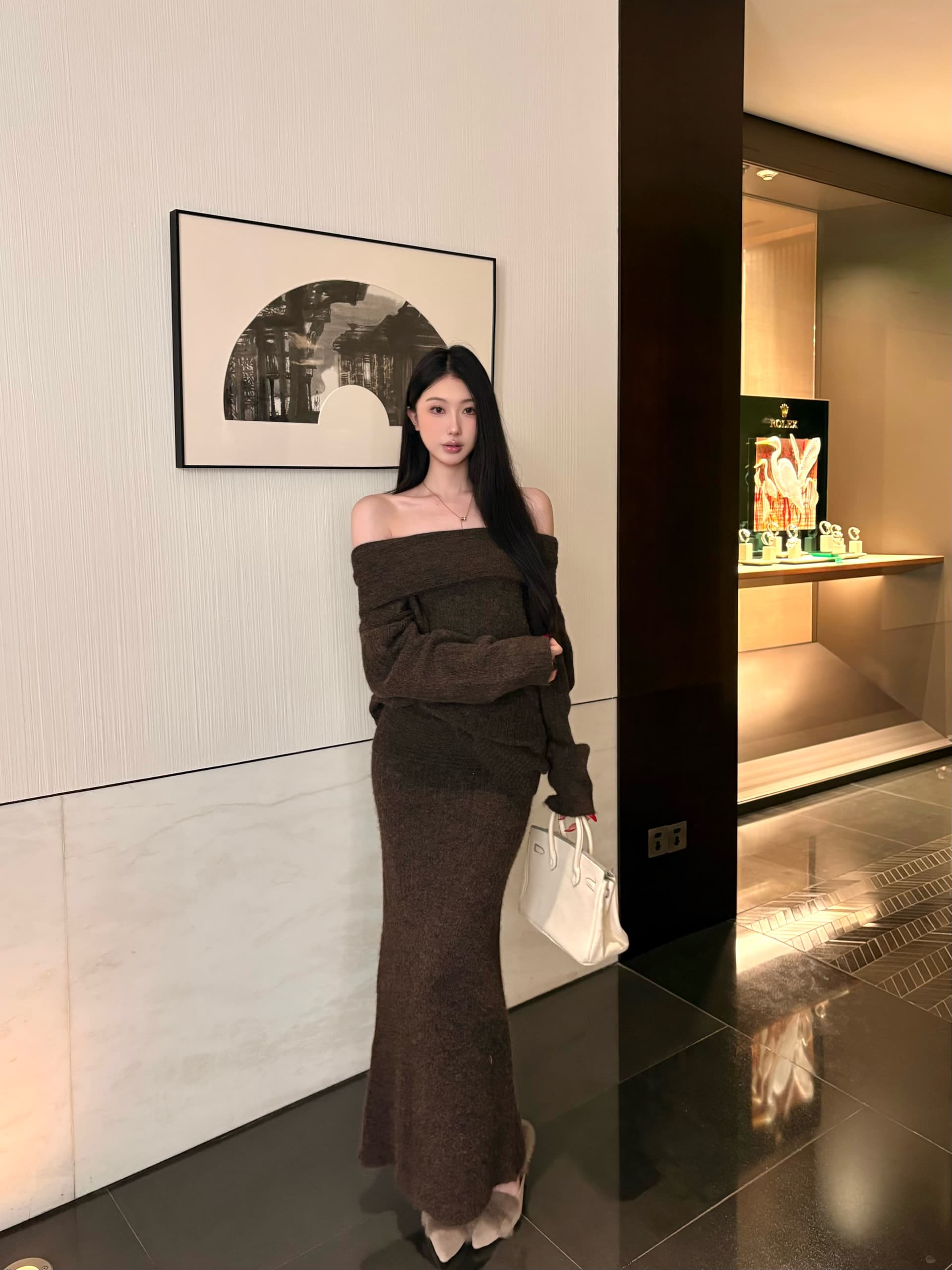 가을 겨울 패션 너구리 플러시 섹시함 보트넥 스웨터 뒤집다 측면 타이트 스커트 반신 스커트 여성복 상세 이미지 15