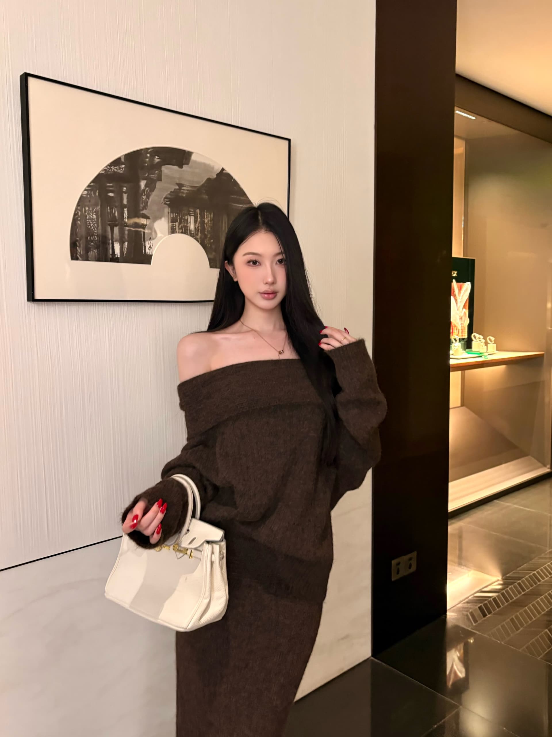 가을 겨울 패션 너구리 플러시 섹시함 보트넥 스웨터 뒤집다 측면 타이트 스커트 반신 스커트 여성복 상세 이미지 17